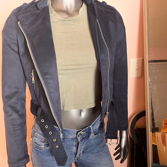 NWT Banana Republic Navy Blue Faux Suede Cropped Biker Jacket - Picture 3 of 10